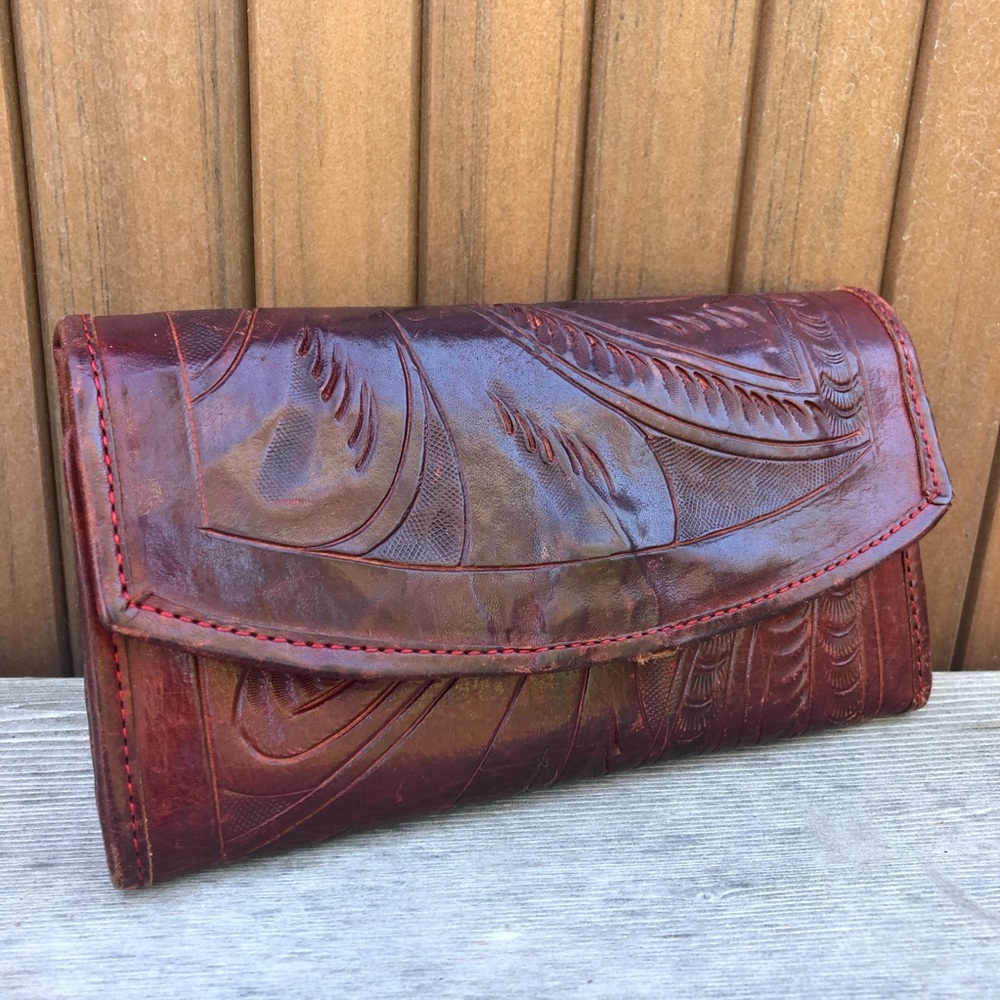 Trifold Red Leather Embossed Wallet